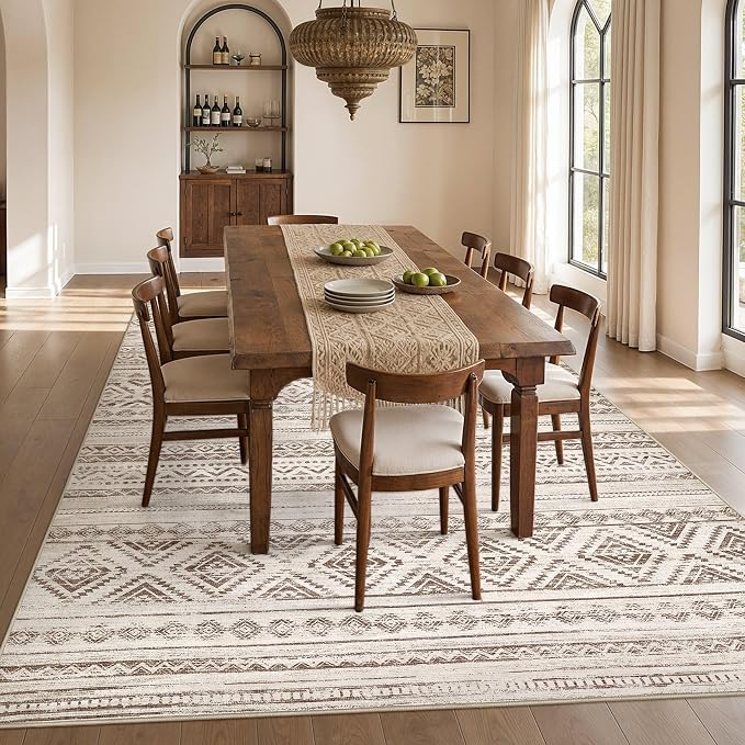 cotiled 9x12 Area Rugs Living Room Rug: Washable Boho Rugs with Non Slip Backing Large Soft Indoor Stain Resistant Carpet for Bedroom Farmhouse Dining Room Lightweight Home Decor Dark Brown