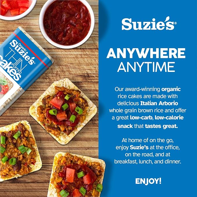 Suzie's Organic Brown Rice Cake Thins|12 Pack|Unsalted Sodium Free|USDA Organic, NON-GMO, Fat-Free, Sugar-Free, Gluten-Free|Low-Calorie Snack-16 Calories Per Slice|Bread & Cracker Replacement