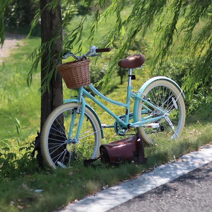 Glerc 20 24 26 Inch Beach Cruiser Bike, 6-Speed Hybrid City Bicycle for Girls Youth and Over 6 Years Old, Missy Bike with Wicker Basket & Lightweight, Multiple Colors