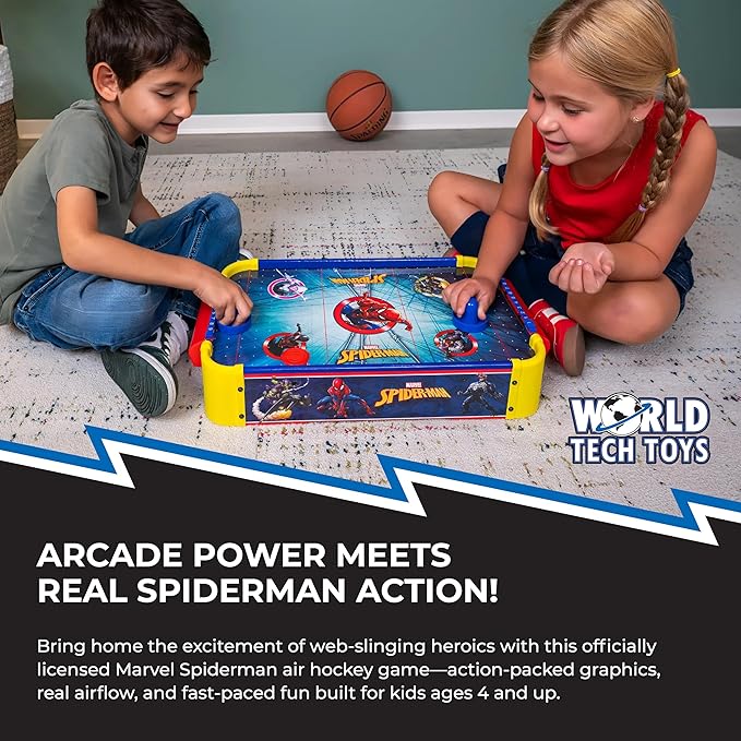 Marvel Spider-Man Air Hockey Table for Kids – Tabletop Air Hockey Game with Pucks, Pushers & Airflow System – Marvel Toys for Kids 4+