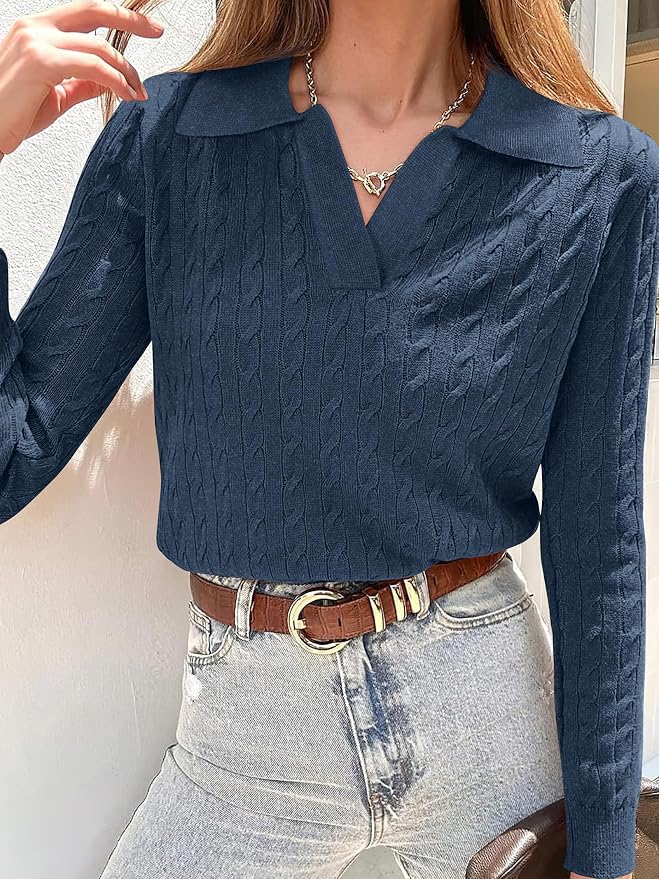 ANRABESS Womens Cable Knit Sweaters Long Sleeve V Neck | Pullover Collared Sweater Tops, Polo Knit Shirts, Business Casual Work, Tennis Golf, Fall Winter Fashion Outfits