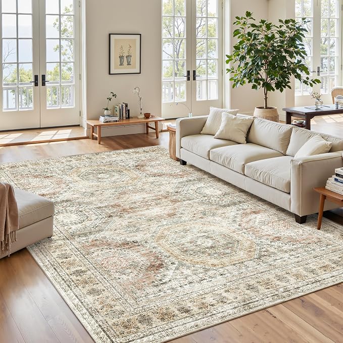 Soalmost 6x9 Area Rug for Living Room Washable Rugs Non-Slip Brown/Pink | Low-Pile Vintage Carpet for Dining Bedroom, Foldable Thin Stain Resistant Floor Mat Under Table Home Office Nursery Decor