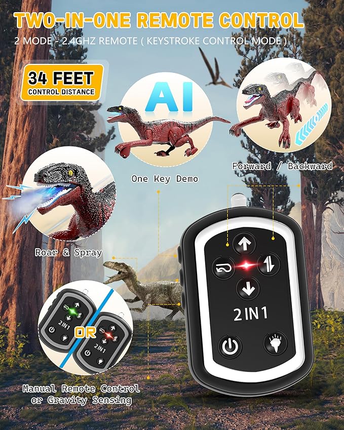 Eulogia Dinosaur Toy, RC Dinosaur Car with 2-in-1 Remote, Gesture-Sensing Forward Backward Dino, Features Spray & Sounds & Lights, One-Key Demo Car, 4-12 Boys Grils Gift for Birthday Christmas Party