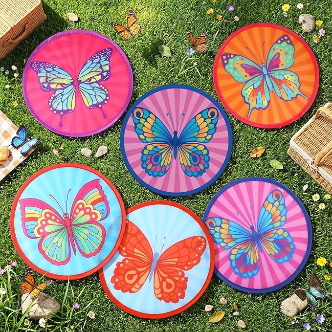 Gejoy 24 Pcs Colorful Butterflies Foldable Fan Style Summer Butterflies Handheld Round Folding Flying Disc for Women Man Daily Use Festival Wedding Party Favors Decorations Portable, 8 Style