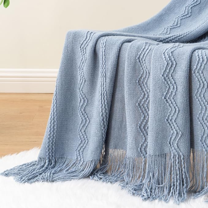 BATTILO HOME Light Blue Throw Blanket for Couch, 50"x60" | Soft Knit Throws with Tassels for Home Decor, Blue Grey Throw Blanket for Bed Sofa