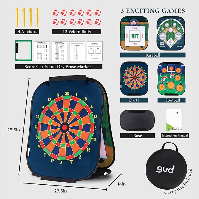 GUD Dart Board, Football & Baseball Games, Kids Birthday Party Dartboard, 12 Safe Darts, Boys & Girls Sports Party Supplies. Indoor Outdoor Party Age 7 8 9 10 11