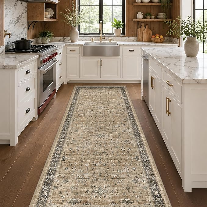 Earthy Tone Washable Long Runners for Hallways, 3x8 Taupe Kitchen Runner Rug, Bohemian Traditional Entryway Indoor Rug, Distressed Floral Geometric Design, Non-Slip Stain & Fade Resistant
