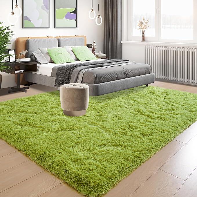Tepook Fluffy Grass Green Rugs for Living Room Bedroom, 5x8 Soft Area Rug Moss Green Kids Girls Boys Rug, Indoor Plush Shaggy Non-Slip Carpet for Nursery Classroom Dorm Home Decor