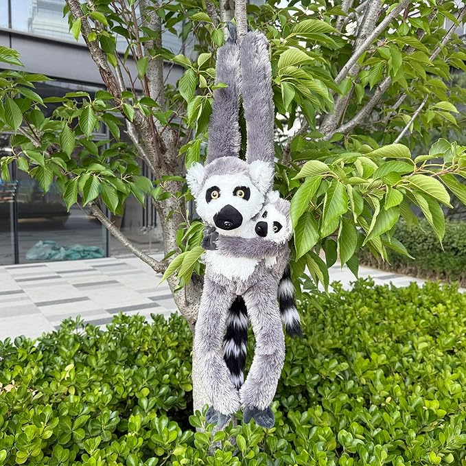 2pcs Lemur Hanging Stuffed Animal Mother with Baby Hangs Plush Toys, Hooks and Stuffed Animals with Rings for Kids 4-8, Gifts for Boys and Girls