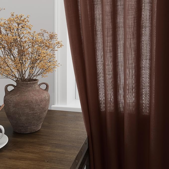 Nanspring Rustic Brown Linen Curtains 108 Inches Long for Living Room Bedroom 2 Panels Set Extra Long Back Tab Curtain Light Filtering Sheer Drapes Floor to Ceiling Curtain for Large Windows 52x108