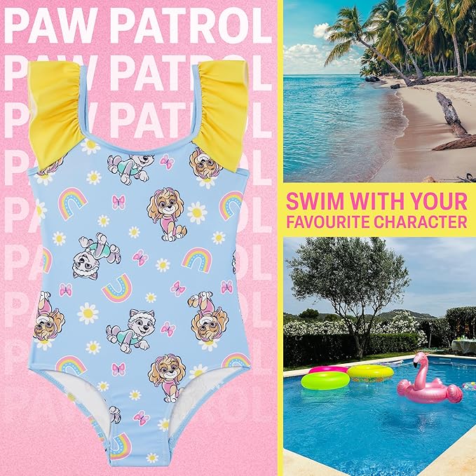 Paw Patrol | Bluey Girls Swimsuit, One Piece Toddler Bathing Suit with Ruffle Shoulder UPF 50+ Pool, Beach Swimwear