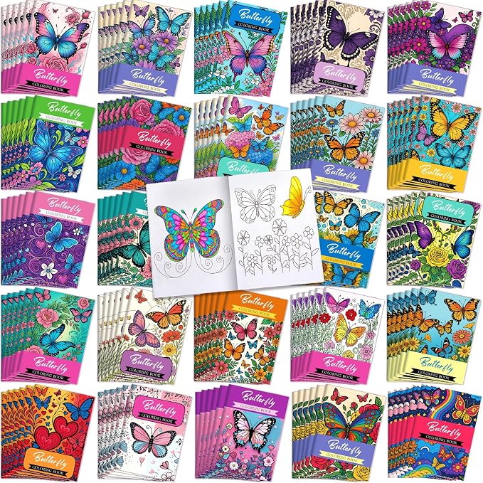 Liliful 144 Pcs Butterfly-Themed Coloring Book Bulk for Adults Mini Butterfly Theme Drawing Book with Garden Flower Insect Patterns Party Favors Goodie Bag Filler and Holiday Gifts