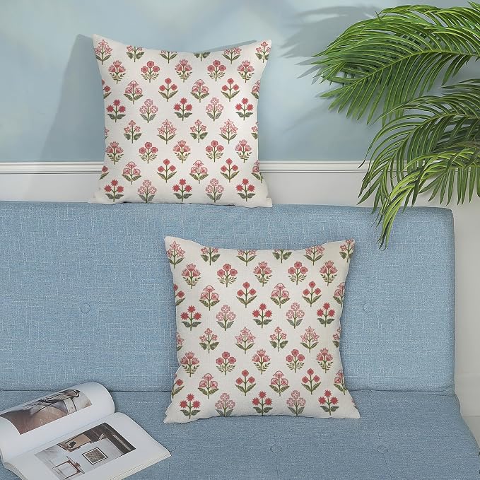 Farmhouse Floral Block Print Pillow Covers 18x18 Set of 2, Vintage Rustic Decorative Throw Pillows Modern Flower Cushion Covers for Sofa Couch Bed Living Room Home Decor, Sage Green Pink