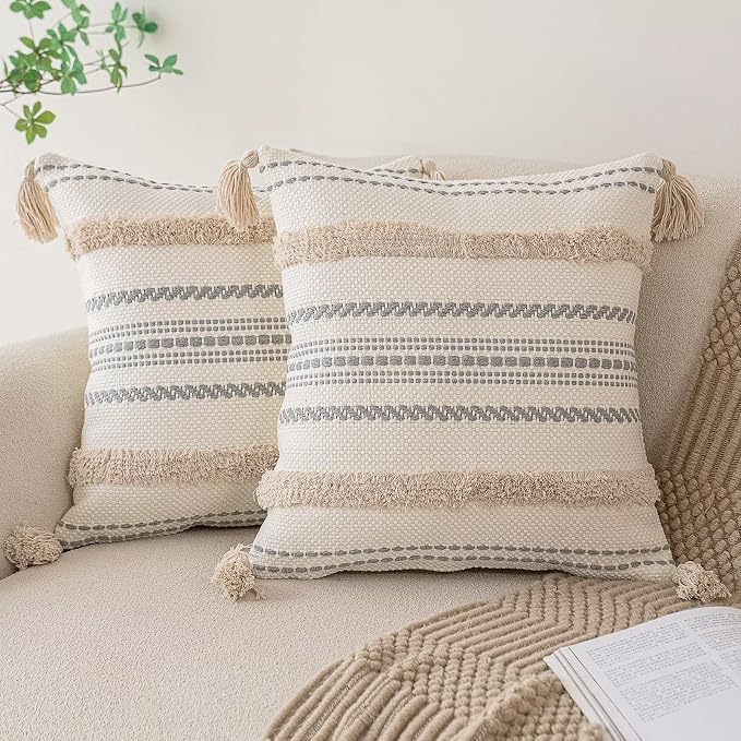 BUIOVBEY Boho Throw Pillow Covers Woven Tufted Pillow Cases with Tassels | Farmhouse Pillow Covers 20x20 Set of 2 Textured Striped Cushion Case Neutral Decorative Pillowcase for Sofa Couch Bed Khaki