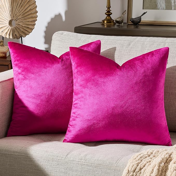 GIGIZAZA Hot Pink Velvet Pillow Covers 18x18 Decorative Pillows Pack of 2 | Throw Pillows for Couch Sofa,280gsm Soft Textured Fabric,Modern Square Pillowcases,Luxury Cushion Covers