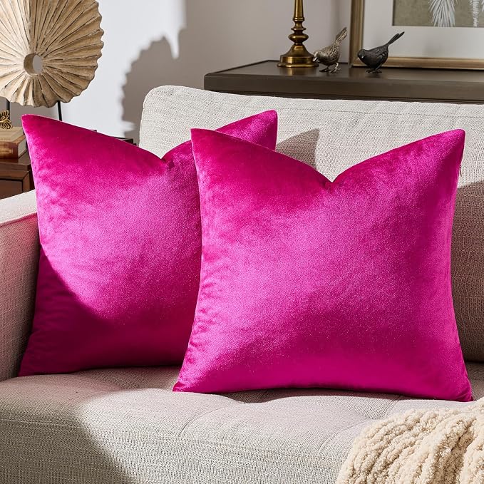 GIGIZAZA Hot Pink Velvet Pillow Covers 20x20 Decorative Pillows Pack of 2 | Throw Pillows for Couch Sofa,280gsm Soft Textured Fabric,Modern Square Pillowcases,Luxury Cushion Covers