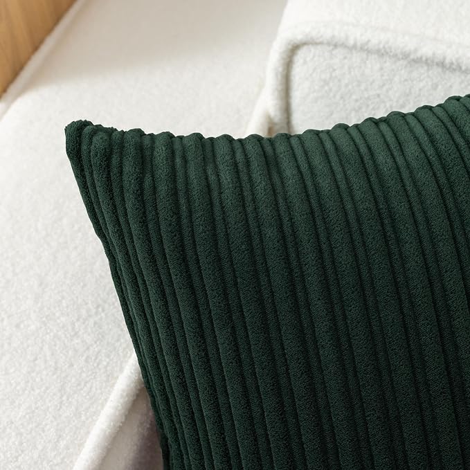 UGASA Velvet 20x20 Inch Soft Throw Pillow Cover Decorative Striped Corduroy Both Sides Solid Square Cushion Case Boho Farmhouse for Couch Bedroom Sofa Home, 1 Piece, New-Dark Green