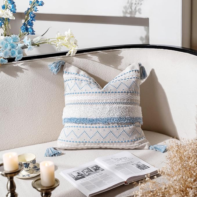 20X20 Throw Pillow Cover, Coastal Blue Square Decorative Cushion Cover, Boho Accent Pillowcase with Tassels for Couch Sofa Living Room (Cover Only)