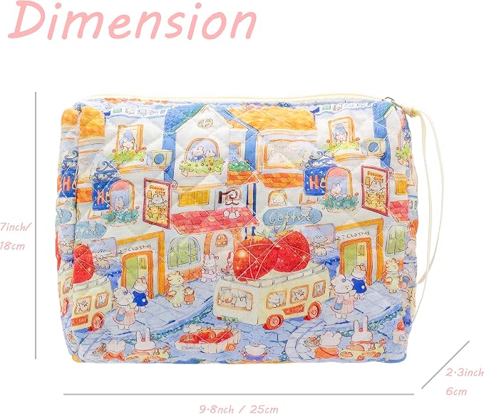 PAZIMIIK Quilted Makeup Bag Large Travel Zipper Soft Cosmetic Pouch for Women Girls Make Up,Little Bunny