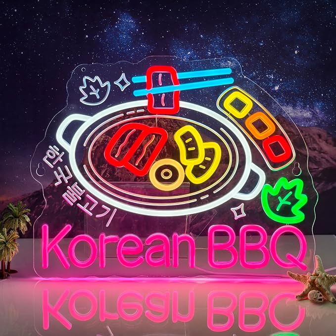 Korean BBQ Neon Sign,Korean Food LED Light Sign Wall Decor | Neon Lights Hanging Wall Art Decoration for Korean Restaurant Grill Kitchen Home Decor,USB Powered Dimmable,16.14×12.6 In