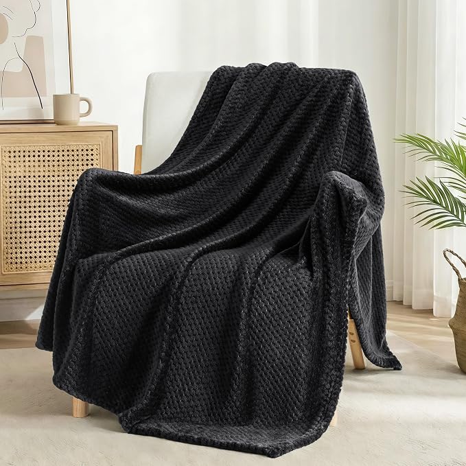 Exclusivo Mezcla Soft Waffle Fleece Bed Blanket King Size, Black | Lightweight Plush Blanket for Bed, Bedroom, Cozy Flannel with Waffle Texture, Stylish Home Decor, All Season, 104x90 Inches