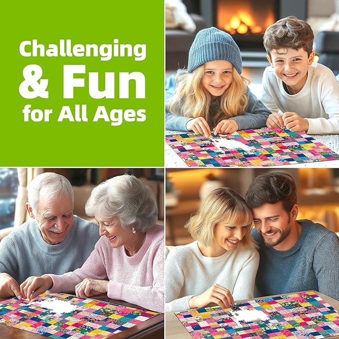 Patchwork Quilt 1000 Piece Puzzle for Adults Colorful Textile Squares Jigsaw Puzzle Floral Patterns Fabric Scraps Unique Adult Puzzles with Letters on Back Puzzles for Game Night (27.6"x19.7")
