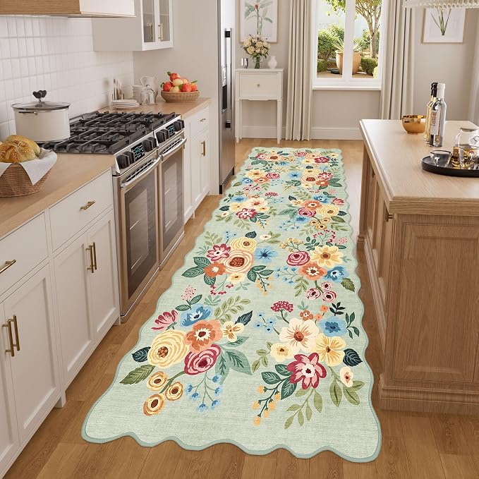DUKINO 3x8 Kitchen Runner Rug, Soft Floral Washable Rug for Hallway, Green | Low Pile, Stain Resistant Throw Rug Runner for Entryway, Bedroom, Bathroom, Laundry, Pet Friendly, Modern Home Decor