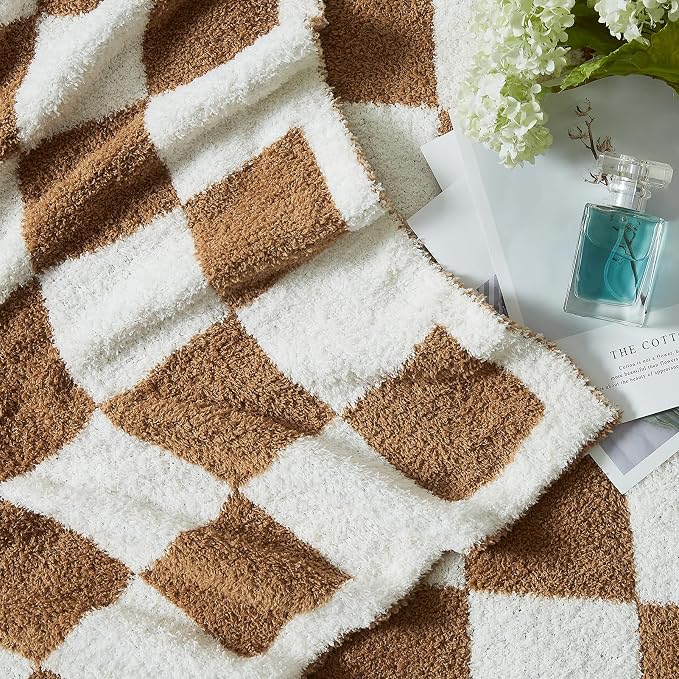 Soft Checkered Throw Blanket for Couch-Cozy Warm Knitted Blankets | Lightweight Warm Fluffy Decor for Women, Mom, Her & Girls, Sofa, Chair, Bed, 50x60in,Burnt Orange