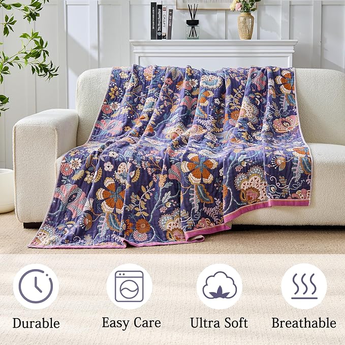 Boho Throw Blanket Farmhouse Decor Throw Blanket Bohemian Blanket for Bed 100% Cotton Muslin Woven Couch Blanket All Seasons Quilt Bedroom (H-Purple, 60"x80")
