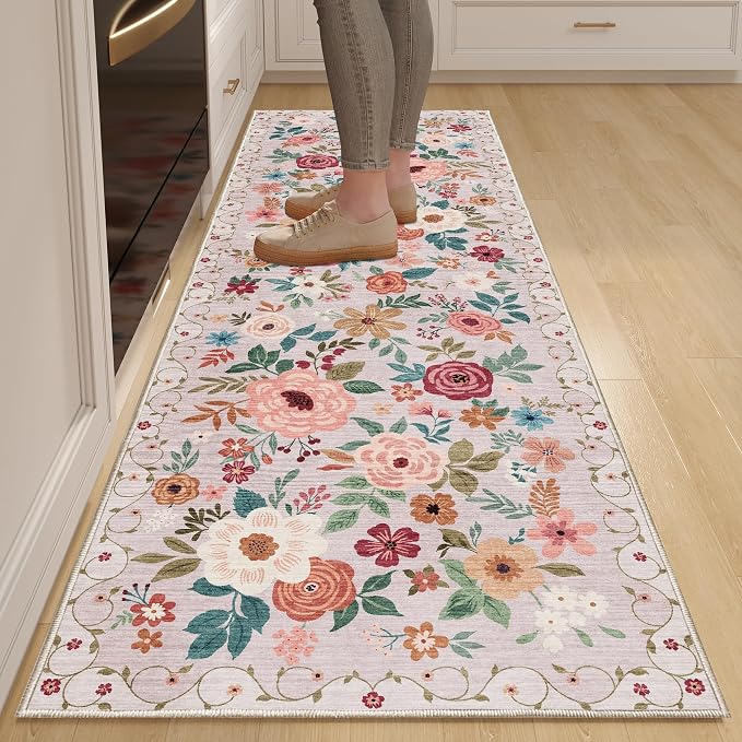 DUKINO 2.6x8 Runner Rug, Washable Runner Rug for Hallway Non Slip, Beige | Low Pile, Soft, Floral Indoor Rug for Kitchen, Entryway, Bedroom, Bathroom, Pet Friendly, Stain Resistant, Modern Home Decor