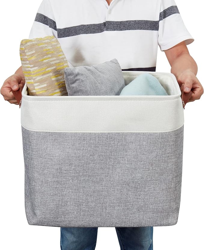 DECOMOMO Extra Large Storage Baskets, 54.5L Fabric Storage Bins 3 Pack | XXXL Storage Baskets for Shelves, Linen Closet Organizers (Grey and White, 17" x 13" x 15")