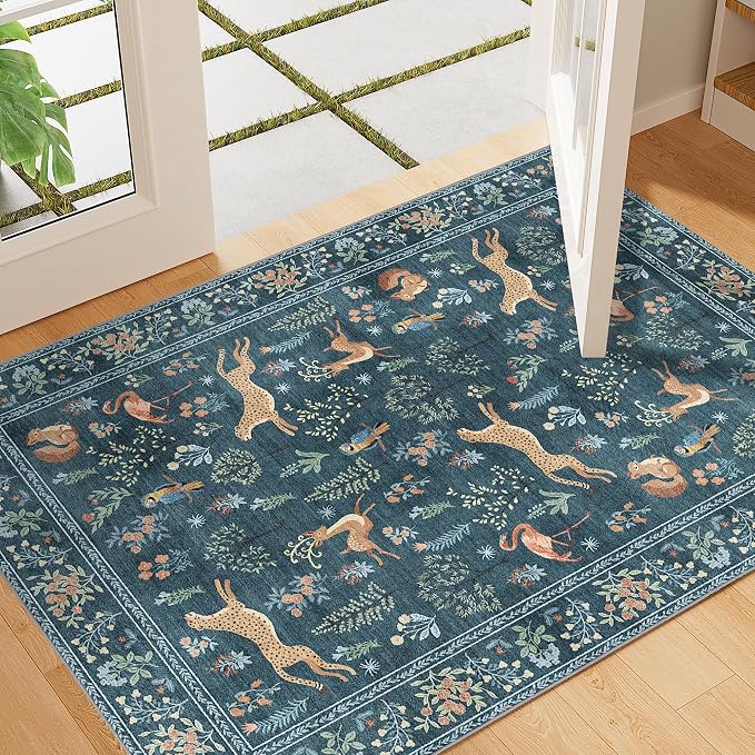 DUKINO 2x3 Entryway Rug, Washable Door Mat Animal Rug for Kitchen, Blue | Non Slip, Low Pile, Soft Indoor Small Rug for Entrance, Bedroom, Bathroom, Laundry, Pet Friendly, Lightweight, Non-Shedding