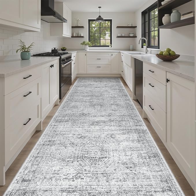 Soalmost Washable Hallway Runner Rug 4x10 Kitchen Entry Rugs Non-Slip, Grey | Vintage Wide Runners for Living Dining Room Entryway, Stain Resistant Low-Pile Long Floor Carpet 10ft for Corridor Bedroom