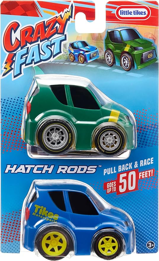 Little Tikes Crazy Fast Cars 2-Pack Hatch Rods, Hatch Back Car Themed Pullback Toy Vehicles Goes up to 50 ft
