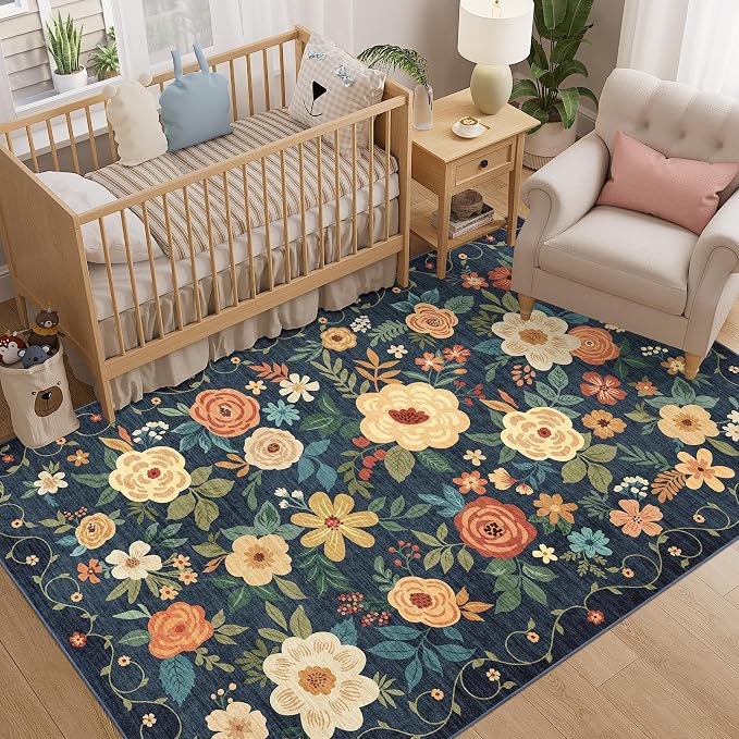 DUKINO 5x8 Area Rug for Bedroom, Floral Washable Rug Non Slip, Navy Blue | Low Pile, Non-Shedding, Soft Indoor Rug for Living Room, Dining Room, Kids Room, Office, Nursery, Pet Friendly, Home Decor