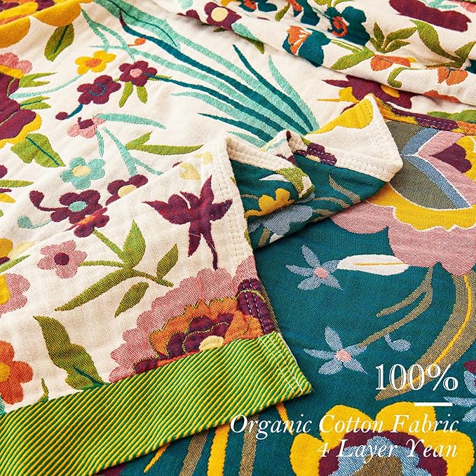 VANJOROY Boho Throw Blanket for Bed, 100% Organic Cotton Breathable Ultra Soft 60" x 80" Quilt Throw - All Season Floral Rustic Farmhouse Decor Luxury Reversible Blanket for Sofa Couch Chair and Gift