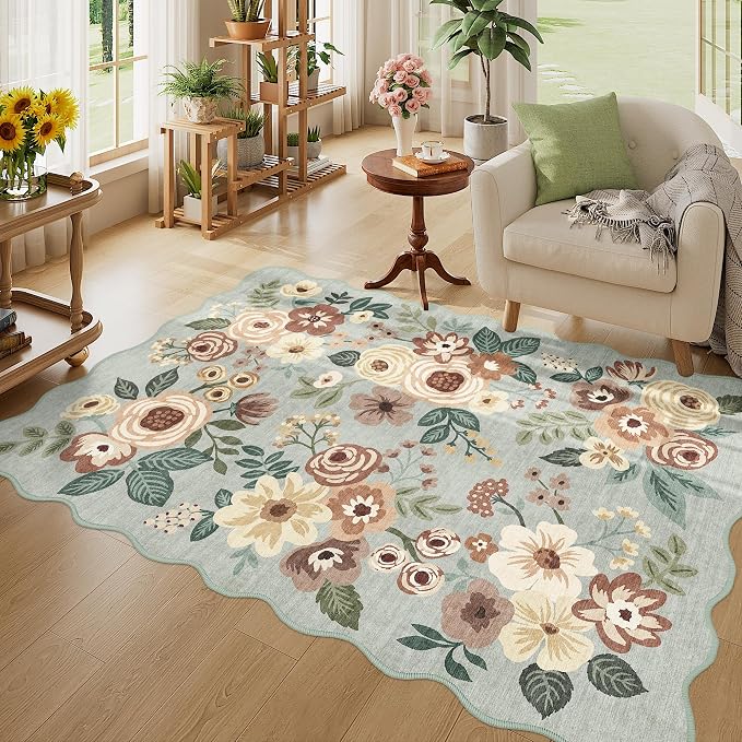 DUKINO 4x6 Area Rug, Non Slip Floral Washable Living Room Rug, Sage Green | Low Pile, Stain Resistant, Soft Throw Rugs for Bedroom, Office, Dining Room, Nursery, Pet Friendly, Home Decor, Lightweight