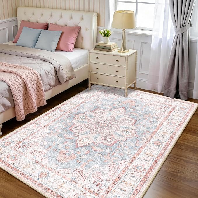 CAPALOCA 3x5 Washable Nursery Girls Low Pile Area Rug Pink Blue | Non-Slip Soft Rugs for Bedroom Kids Playroom Living Room, Print Pattern Water Repellent Carpet Indoor Decor