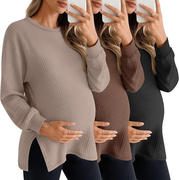 3 Pack Women's Maternity Shirts Long Sleeve Waffle Knit Side Split Oversized Tops Pregnancy Clothes Fall Tees