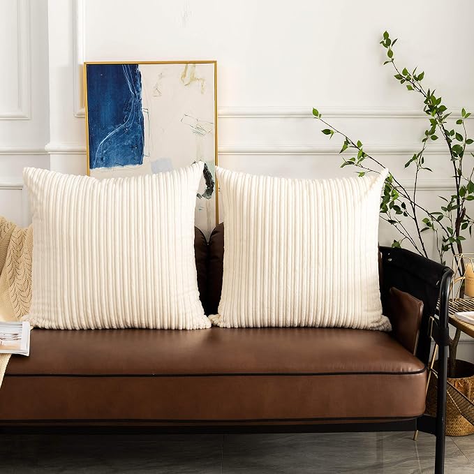 UGASA Corduroy Striped Soft Soild Decorative Square Throw Pillow Covers Set Cushion Cases Pillowcases for Sofa Bedroom, 2 Pcs, 26x26inch, Cream