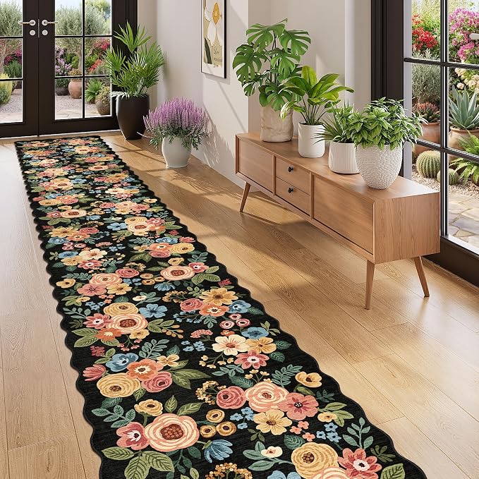 DUKINO 2x12 Washable Runner Rug, Floral Long Runner Rug for Hallway, Black | Non Slip, Low Pile, Soft Throw Rug Runner for Kitchen, Entryway, Bedroom, Bathroom, Pet Friendly, Home Decor, Non-Shedding