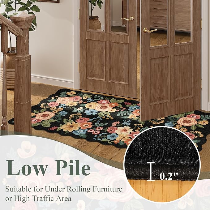 DUKINO 8x10 Area Rug for Living Room, Floral Washable Rug Non Slip, Black | Soft, Low Pile, Stain Resistant Throw Large Rug for Bedroom, Dining Room, Nursery, Kids Playroom, Pet Friendly, Home Decor