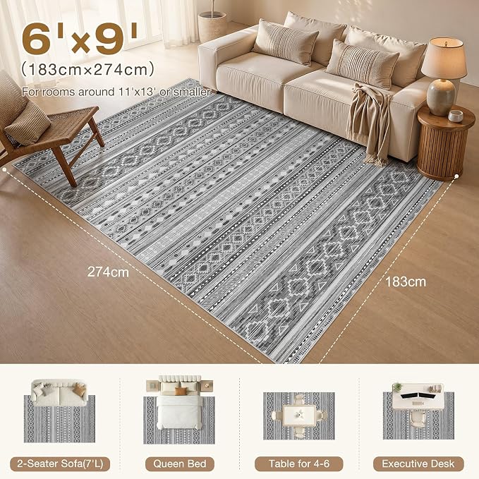 cotiled 6x9 Area Rugs Living Room Rug: Washable Boho Rugs with Non Slip Backing Large Soft Indoor Stain Resistant Carpet for Bedroom Farmhouse Dining Room Lightweight Home Decor Beige Grey
