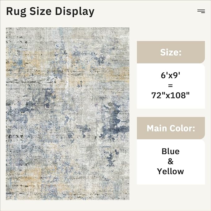 Soalmost Abstract Area Rug 6x9 for Living Room Washable Rugs Blue/Yellow | Non-Slip Low-Pile Carpet for Dining Bedroom, Foldable Thin Vintage Stain Resistant Floor Mat Under Table Home Office Nursery