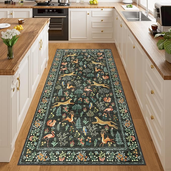 DUKINO 3x6 Kitchen Runner Rug, Washable Animal Rug for Hallway, Black | Non Slip, Low Pile, Soft Indoor Carpet for Entryway, Bedroom, Bathroom, Laundry, Lightweight, Pet Friendly, Stain Resistant