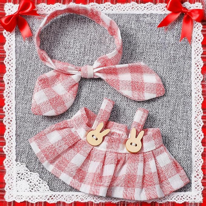 17cm Doll Clothing Set 2Pcs - Plaid Bunny Skirt + Bow Headband, Pink Sweet Outfit for 6-7inch Dolls (NO Doll Included) Kawaii Style Dress Accessories