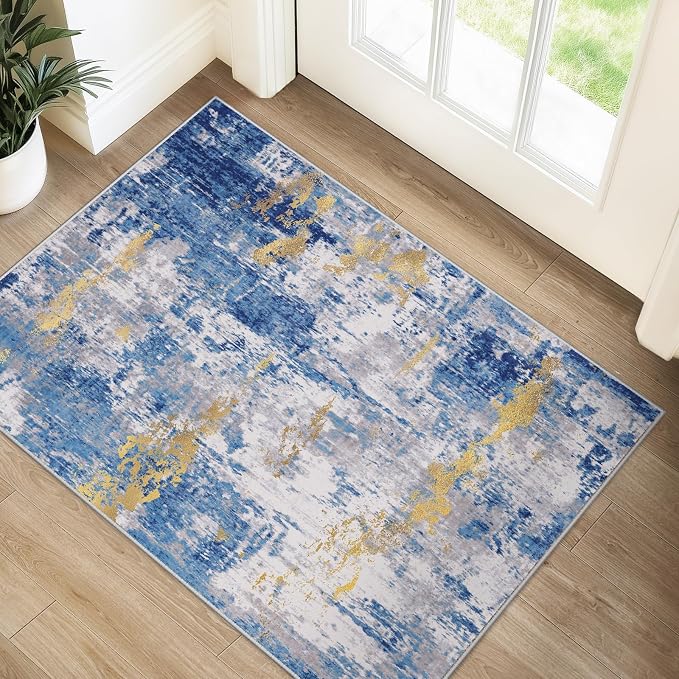 RELEANY Washable 2'x3' Abstract Area Rug for Living Room Blue Gold | carpet for bedroom, kitchen, office, hallway and entryway, printed pattern, non-slip, soft, stain-resistant, easy to clean