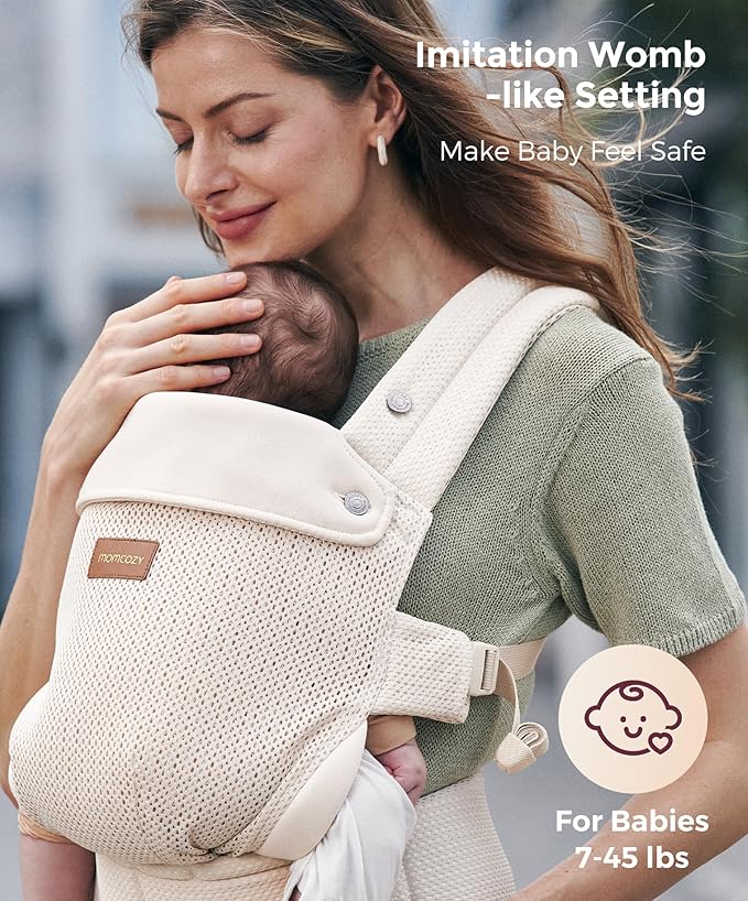 Momcozy Baby Carrier - Ergonomic, Cozy and Lightweight Carrier for 7-45lbs, Effortless to Put On, Ideal for Hands-Free Parenting, Enhanced Lumbar Support, Air Mesh-Almond
