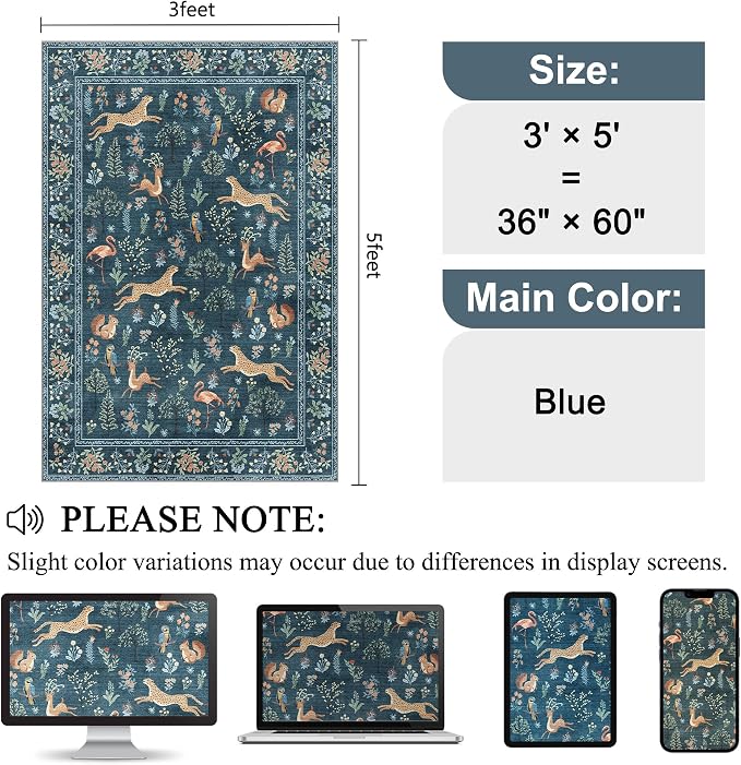 DUKINO 3x5 Rug, Washable Animal Area Rug for Bedroom Non Slip, Blue | Low Pile, Stain Resistant, Soft Indoor Carpet for Living Room, Kitchen, Dining Room, Nursery, Lightweight, Pet Friendly