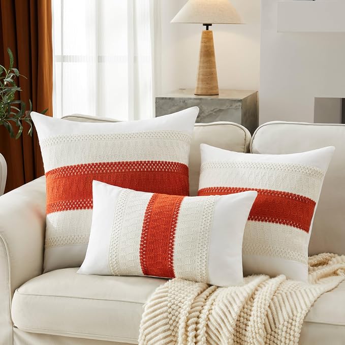 2pk Boho Pillow Covers 12x20, Natural White/Contrast/Orange | 100% Organic Cotton Body, Stripe Embroidery, Farmhouse Decorative Cushion Covers for Sofa Bed Living Room Home Decor
